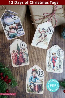 12 Days of Christmas Tags Printable Vintage Christmas Junk Journal Decor Song 12 Days of Christmas gift Tag Ornament Vintage Number Labels - Press Print Party!