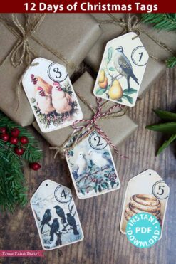 12 Days of Christmas Tags Printable Vintage Christmas Junk Journal Decor Song 12 Days of Christmas gift Tag Ornament Vintage Number Labels - Press Print Party!