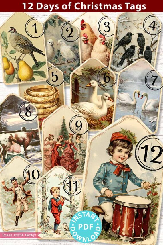 12 Days of Christmas Tags Printable Vintage Christmas Junk Journal Decor Song 12 Days of Christmas gift Tag Ornament Vintage Number Labels - Press Print Party!