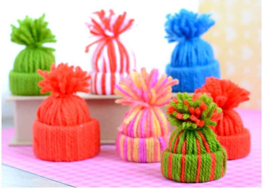 yarn hats ornaments - 55 DIY Christmas Ornaments for Kids to Make and feel proud of for little kids and big kids - Press Print Party