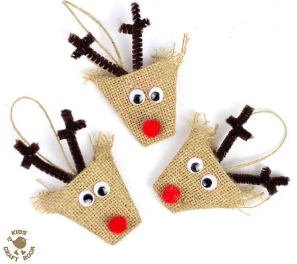 burlap reindeer ornaments - 55 DIY Christmas Ornaments for Kids to Make and feel proud of for little kids and big kids - Press Print Party