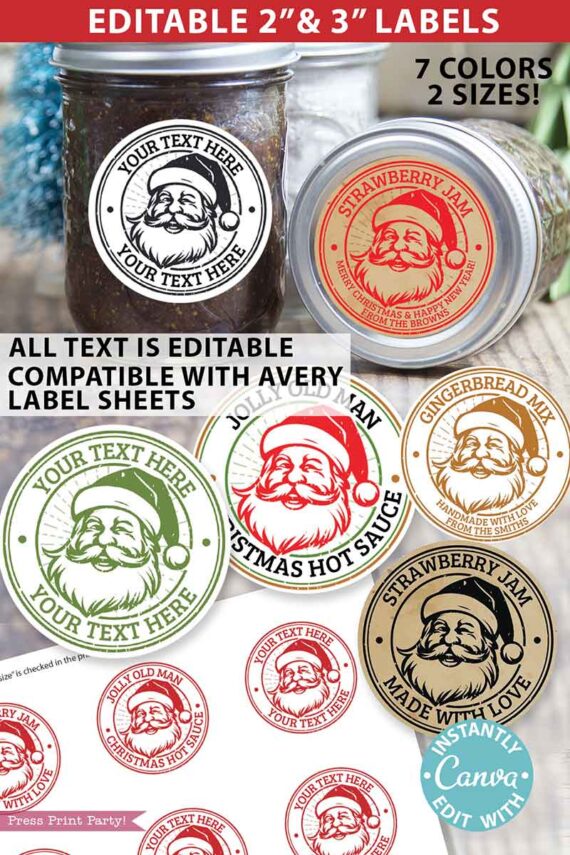 Christmas Stickers Printable Christmas Canning Labels Christmas Jam Round Sticker Homemade Christmas gift Label Vintage Santa Custom Apothecary Labels, instant download avery Christmas labels custom canning labels jar labels - Press Print Party