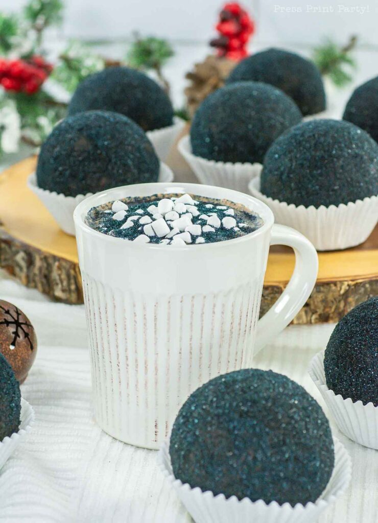 black hot chocolate bomb in white cup - Lump of coal Christmas Hot chocolate bombs - Press Print Party!