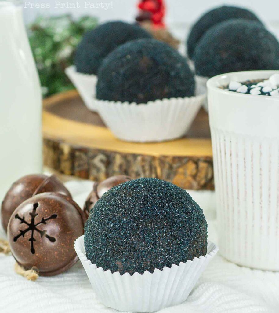 black hot chocolate bomb in white cup - Lump of coal Christmas Hot chocolate bombs - Press Print Party!