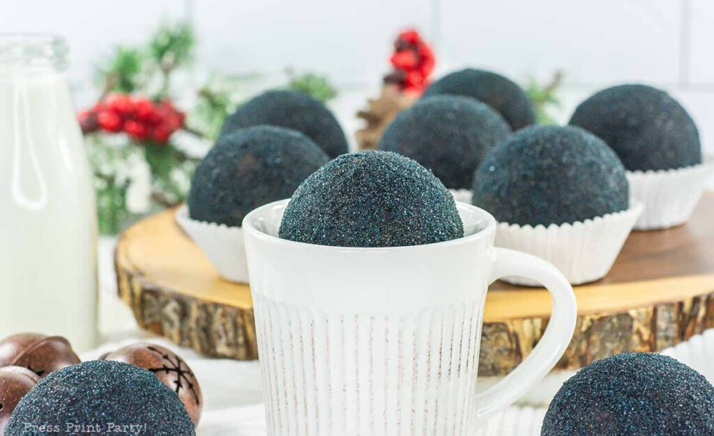 black hot chocolate bomb in white cup - Lump of coal Christmas Hot chocolate bombs - Press Print Party!