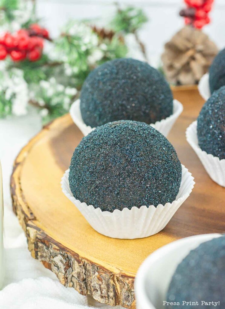 black hot chocolate bomb with black sugar - Lump of coal Christmas Hot chocolate bombs - Press Print Party!