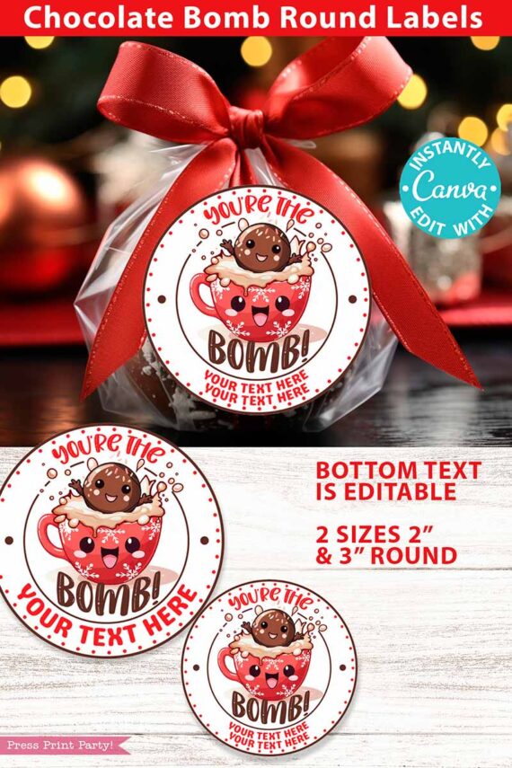 you're the bomb gift tags for christmas hot chocolate bomb tags hot cocoa bombs tags and avery 2 inch labels cute kawaii style - Press Print Party!