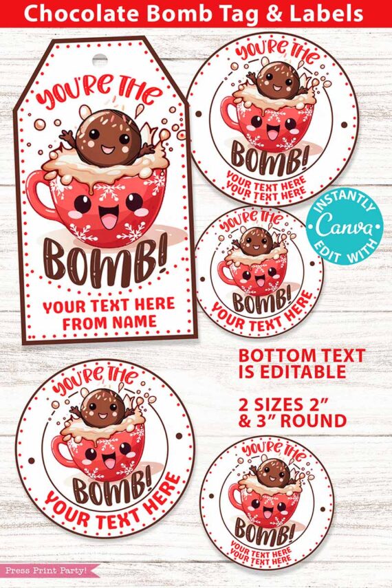 you're the bomb gift tags for christmas hot chocolate bomb tags hot cocoa bombs tags and avery 2 inch labels cute kawaii style - Press Print Party!