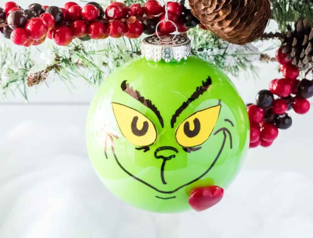 grinch ornament ball - 55 DIY Christmas Ornaments for Kids to Make and feel proud of for little kids and big kids - Press Print Party