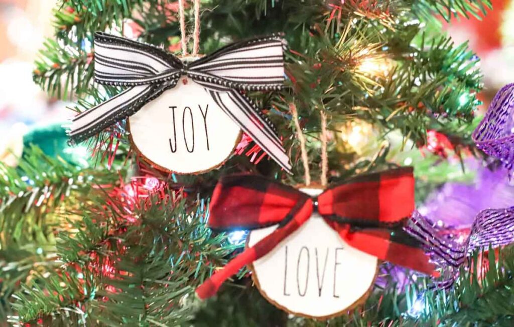 love and joy wooden ornaments - 55 DIY Christmas Ornaments for Kids to Make and feel proud of for little kids and big kids - Press Print Party