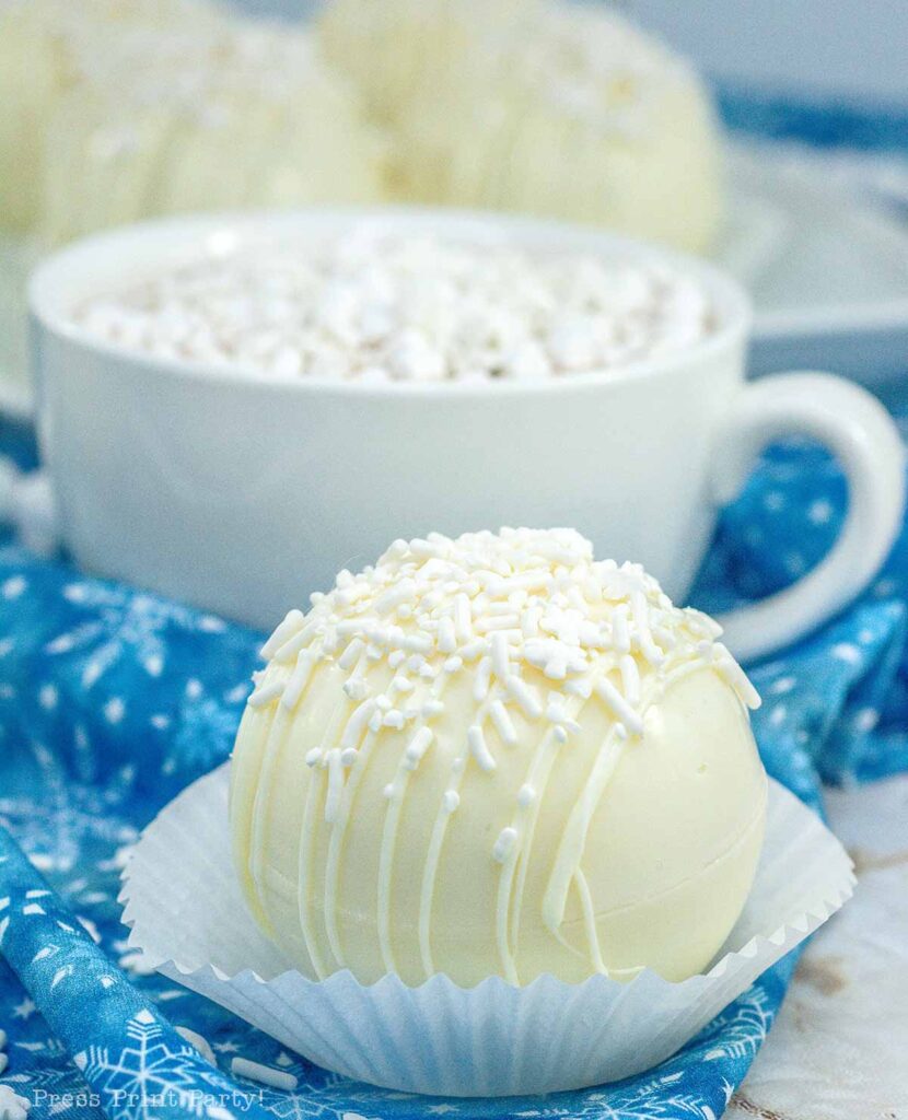 white snowball hot chocolate bomb recipe homemade for Christmas gifts - Press Print Party!