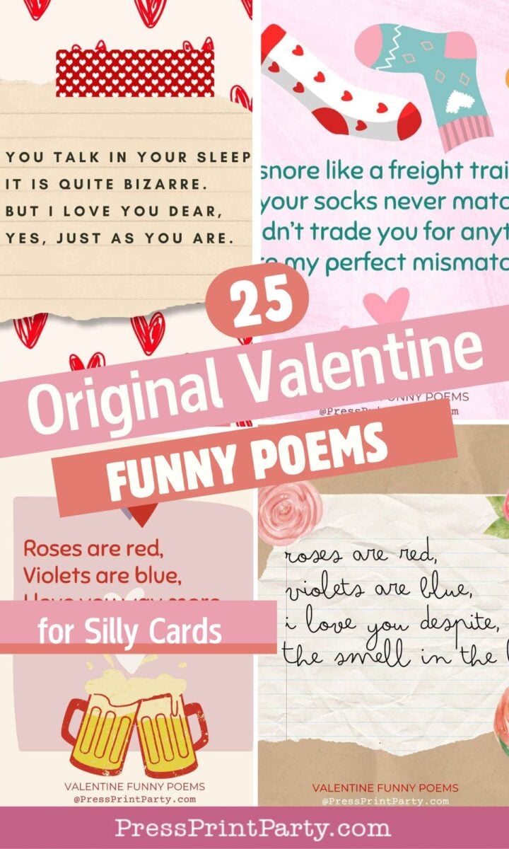 A collage featuring various illustrated Valentine’s cards with humorous poems, heart and sock graphics, beer mugs, and the text: “25 Original Valentine Funny Poems for Silly Cards.” Perfect for lovers of Valentine funny poems! PressPrintParty.com.