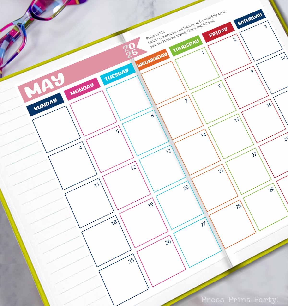 A colorful, open calendar for May 2025 with large, vibrant borders perfect for bullet journaling. Each day's box, starting from Sunday, offers ample space for daily notes. Adorned with "Psalm 19:14" and "Press Print Party!" at the top, it’s both inspirational and practical.