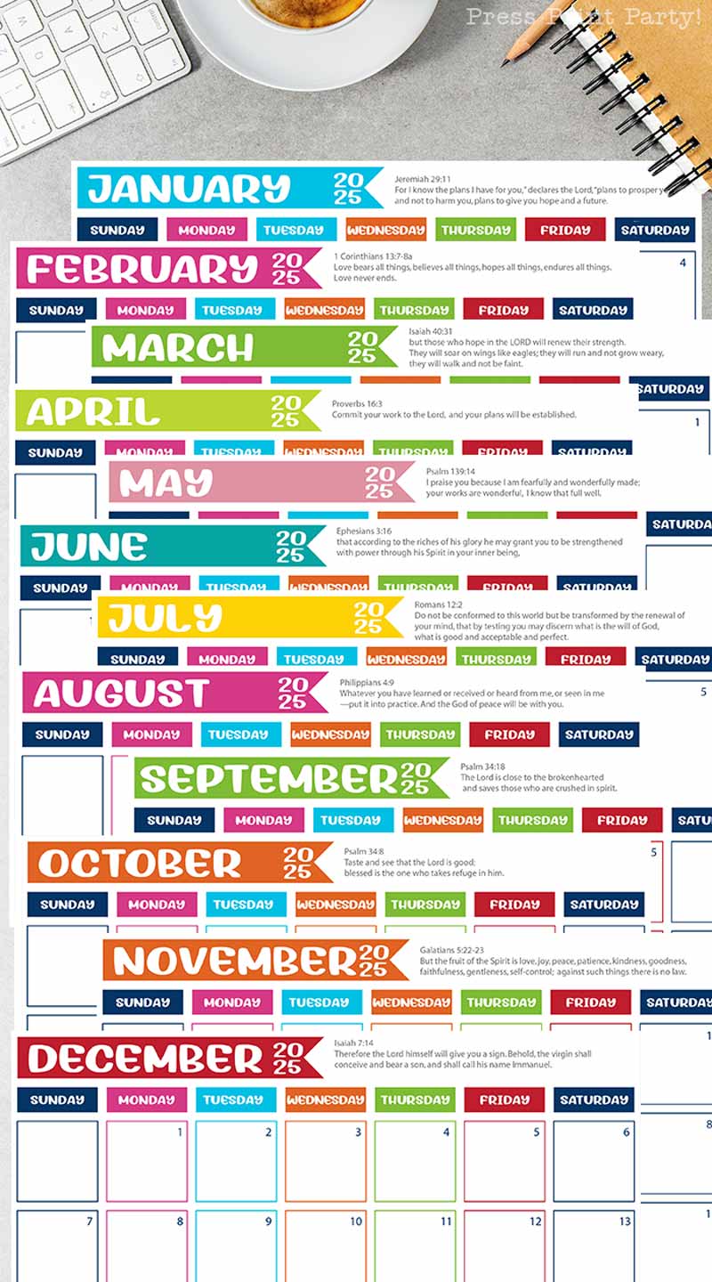 Colorful 2024 calendar with each month in bold lettering, perfect for a bullet journal. Days of the week are displayed, starting from Sunday to Saturday, each in different colors. The calendar rests on a desk with a pen and notebook nearby.