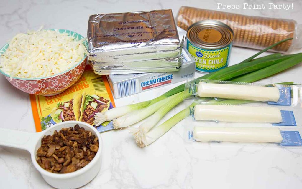 ingredients for football cheese ball on bed of onions - football shaped cheese ball - cheese footballs - Press Print Party!