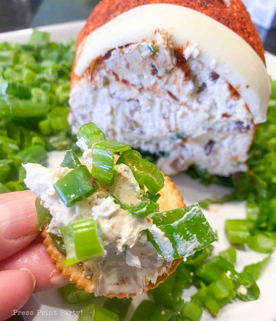 football cheese ball on bed of onions - football shaped cheese ball - cheese footballs - Press Print Party!