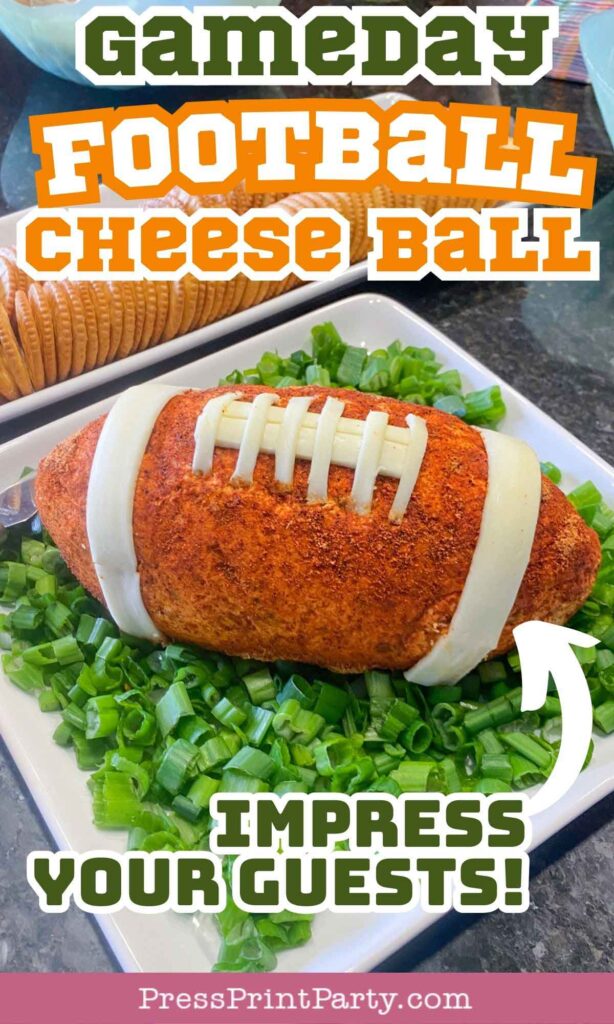 football cheese ball on bed of onions - football shaped cheese ball - cheese footballs - Press Print Party!