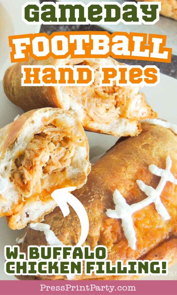 Football shaped Tasty pulled buffalo chicken hand pies great for game day and Superbowl parties - Press Print Party!
