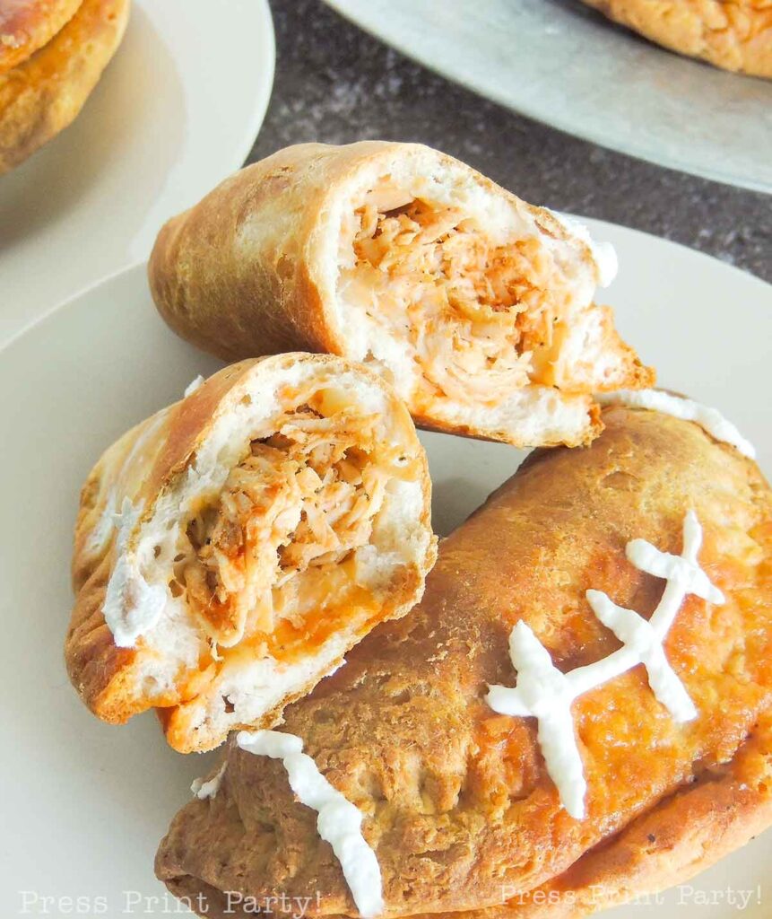 Tasty pulled buffalo chicken football hand pies - Press Print Party!