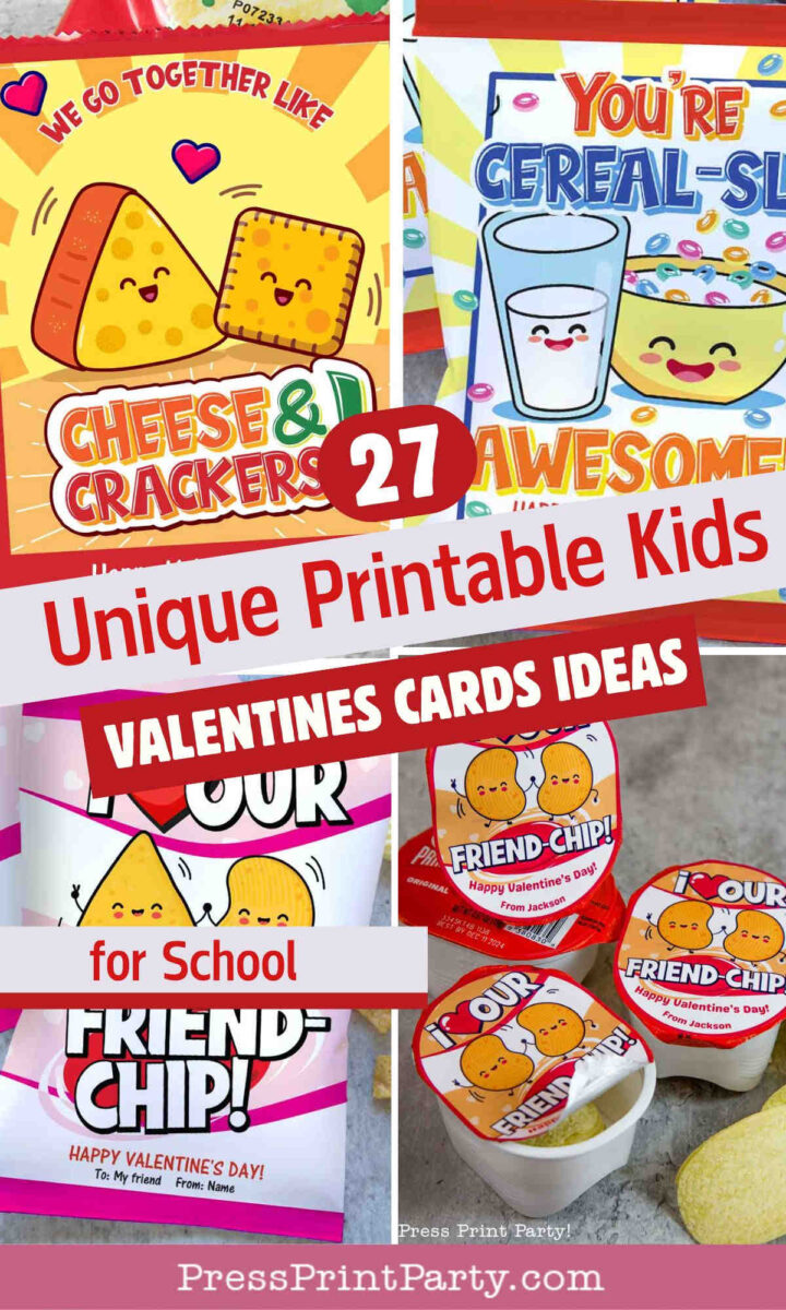 Collage of colorful, kid-friendly printable kids valentines cards with playful snack themes—cheese and crackers, cereal, and chips—all sporting smiling cartoon faces. Text overlay: “27 Unique Printable Kids Valentines Cards Ideas for School.”.