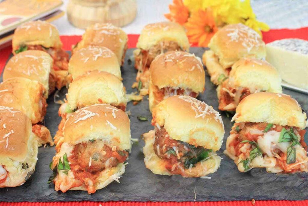 Meatball Slider with Hawaiian Rolls by 2 Cookin Mamas - Easy Football Finger Foods for Your Game Day Party - Press Print Party!