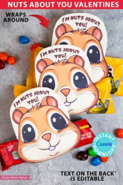 Classroom Valentine Card Printable m&ms Candy Food Valentine Gift for Kids Cute Valentine I'm Nuts About You Class Valentine Exchange Cookie Nutter butter valentine cookies - Press Print Party!