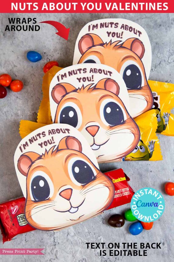 Classroom Valentine Card Printable m&ms Candy Food Valentine Gift for Kids Cute Valentine I'm Nuts About You Class Valentine Exchange Cookie Nutter butter valentine cookies - Press Print Party!