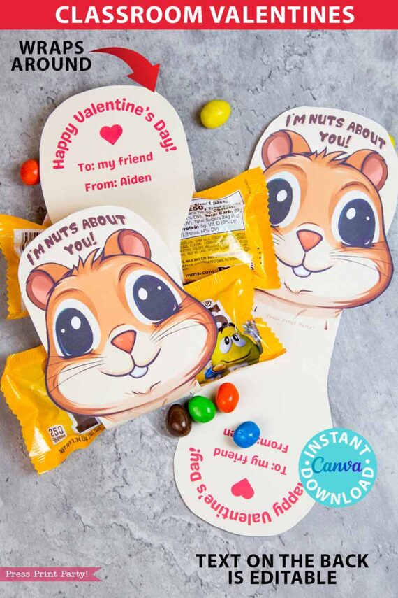 Classroom Valentine Card Printable m&ms Candy Food Valentine Gift for Kids Cute Valentine I'm Nuts About You Class Valentine Exchange Cookie Nutter butter valentine cookies - Press Print Party!