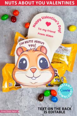 Classroom Valentine Card Printable m&ms Candy Food Valentine Gift for Kids Cute Valentine I'm Nuts About You Class Valentine Exchange Cookie Nutter butter valentine cookies - Press Print Party!