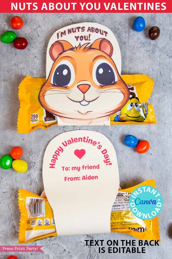 Classroom Valentine Card Printable m&ms Candy Food Valentine Gift for Kids Cute Valentine I'm Nuts About You Class Valentine Exchange Cookie Nutter butter valentine cookies - Press Print Party!