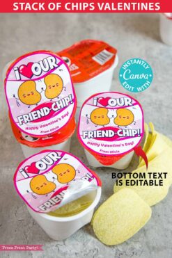 Chips Kids Valentines Printable for Snack Size Chips Classroom Valentine Card Food Class Valentine Exchange - I love our Friend-Chip - pink Pringles valentines - Press Print Party!
