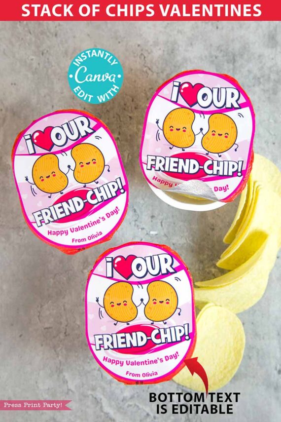 Chips Kids Valentines Printable for Snack Size Chips Classroom Valentine Card Food Class Valentine Exchange - I love our Friend-Chip - pink Pringles valentines - Press Print Party!