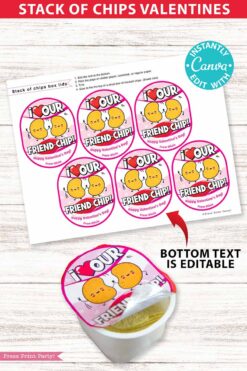 Chips Kids Valentines Printable for Snack Size Chips Classroom Valentine Card Food Class Valentine Exchange - I love our Friend-Chip - pink Pringles valentines - Press Print Party!