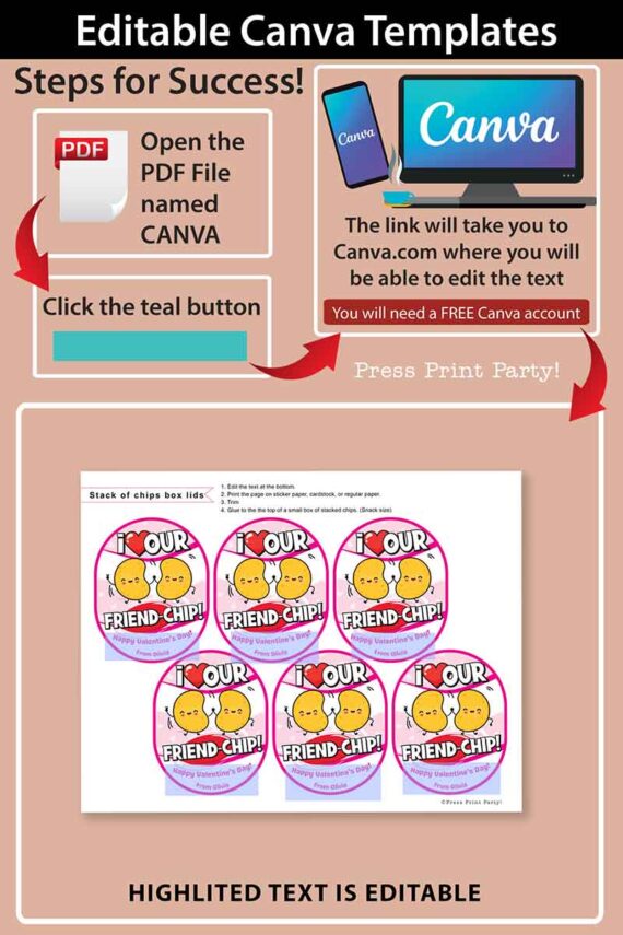 Chips Kids Valentines Printable for Snack Size Chips Classroom Valentine Card Food Class Valentine Exchange - I love our Friend-Chip - pink Pringles valentines - Press Print Party!