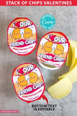 Chips Kids Valentines Printable for Snack Size Chips Classroom Valentine Card Food Class Valentine Exchange - I love our Friend-Chip - RED Pringles valentines - Press Print Party!