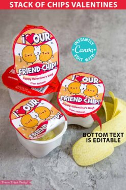 Chips Kids Valentines Printable for Snack Size Chips Classroom Valentine Card Food Class Valentine Exchange - I love our Friend-Chip - RED Pringles valentines - Press Print Party!