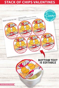 Chips Kids Valentines Printable for Snack Size Chips Classroom Valentine Card Food Class Valentine Exchange - I love our Friend-Chip - RED Pringles valentines - Press Print Party!