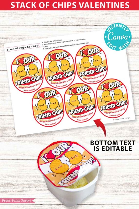 Chips Kids Valentines Printable for Snack Size Chips Classroom Valentine Card Food Class Valentine Exchange - I love our Friend-Chip - RED Pringles valentines - Press Print Party!