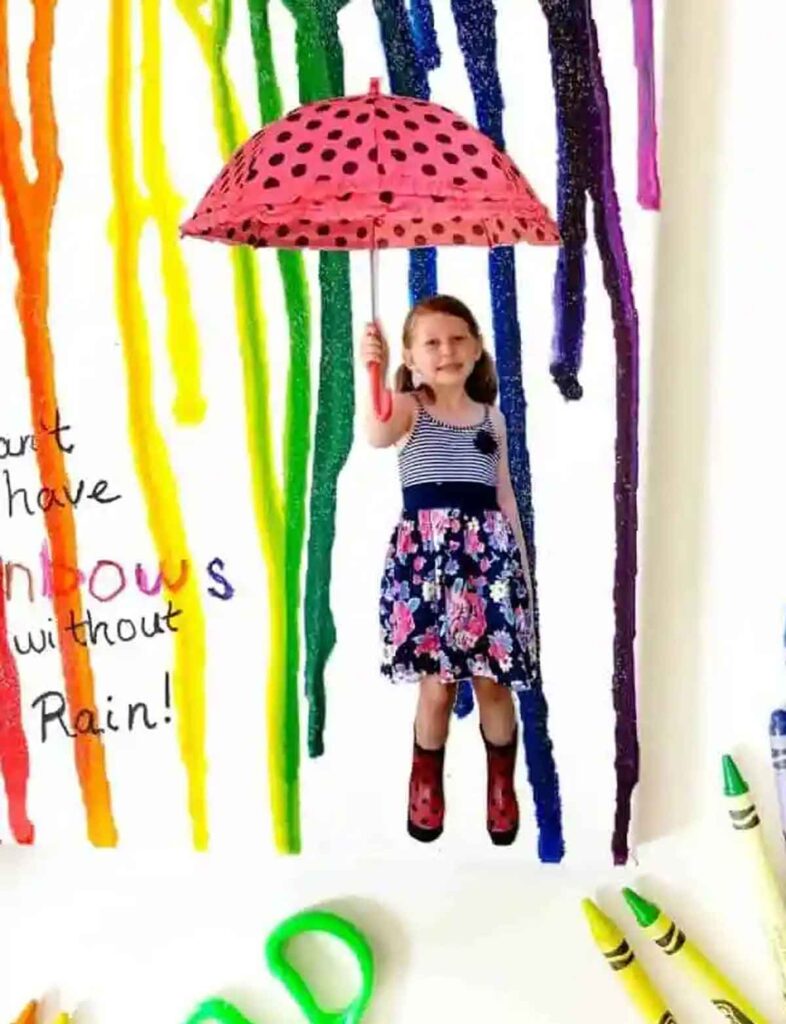 rainbow diy melted crayon art - 25 cool rainbow crafts for kids and art ideas - Press Print Party!