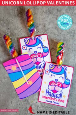 Unicorn Valentine Card Printable Lollipop Holder Classmate Valentine Gift Classroom Valentine Cute Unicorn Lollipop Valentine Day Gift for Kids twisted lollipop rainbow unicorn valentine card - Press Print Party