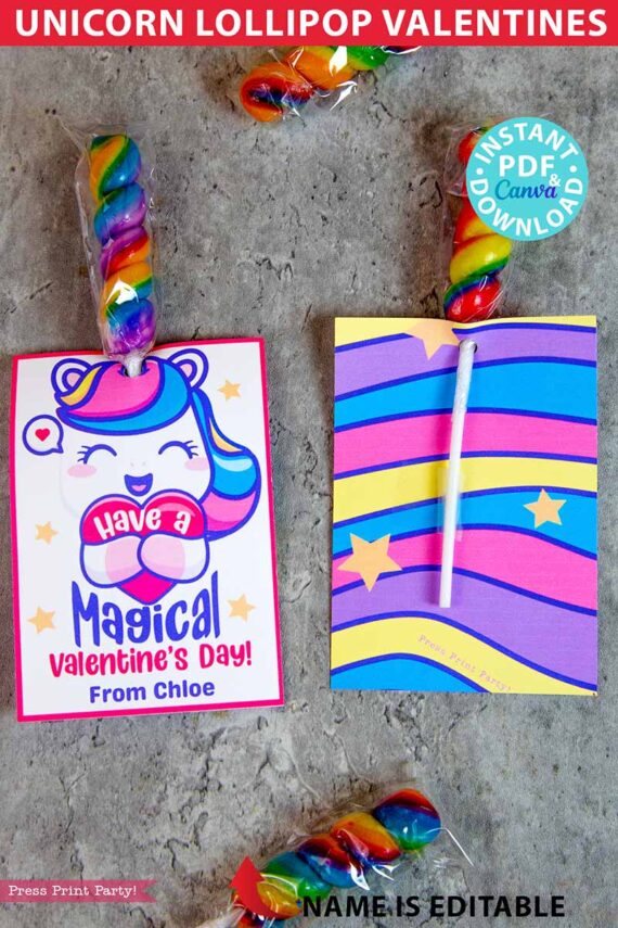 Unicorn Valentine Card Printable Lollipop Holder Classmate Valentine Gift Classroom Valentine Cute Unicorn Lollipop Valentine Day Gift for Kids twisted lollipop rainbow unicorn valentine card - Press Print Party