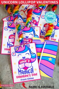 Unicorn Valentine Card Printable Lollipop Holder Classmate Valentine Gift Classroom Valentine Cute Unicorn Lollipop Valentine Day Gift for Kids twisted lollipop rainbow unicorn valentine card - Press Print Party