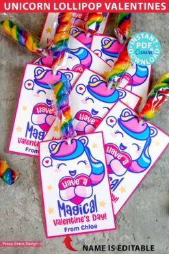 Unicorn Valentine Card Printable Lollipop Holder Classmate Valentine Gift Classroom Valentine Cute Unicorn Lollipop Valentine Day Gift for Kids twisted lollipop rainbow unicorn valentine card - Press Print Party