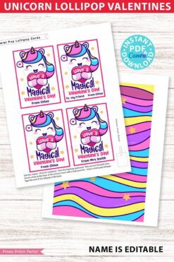 Unicorn Valentine Card Printable Lollipop Holder Classmate Valentine Gift Classroom Valentine Cute Unicorn Lollipop Valentine Day Gift for Kids twisted lollipop rainbow unicorn valentine card - Press Print Party