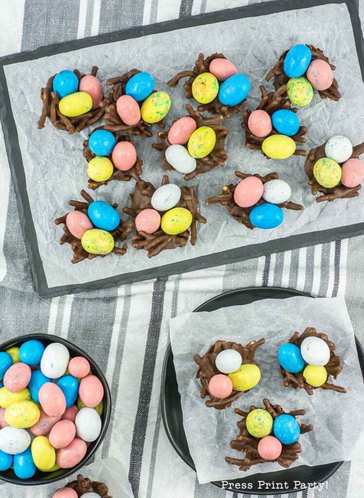 bird's nest cookies for easter with chocolate, peanut butter, pretzel or chow mein noodles and egg candies. no bake Press Print Party!