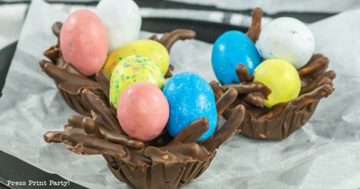 bird's nest cookies for easter with chocolate, peanut butter, pretzel or chow mein noodles and egg candies. no bake Press Print Party!