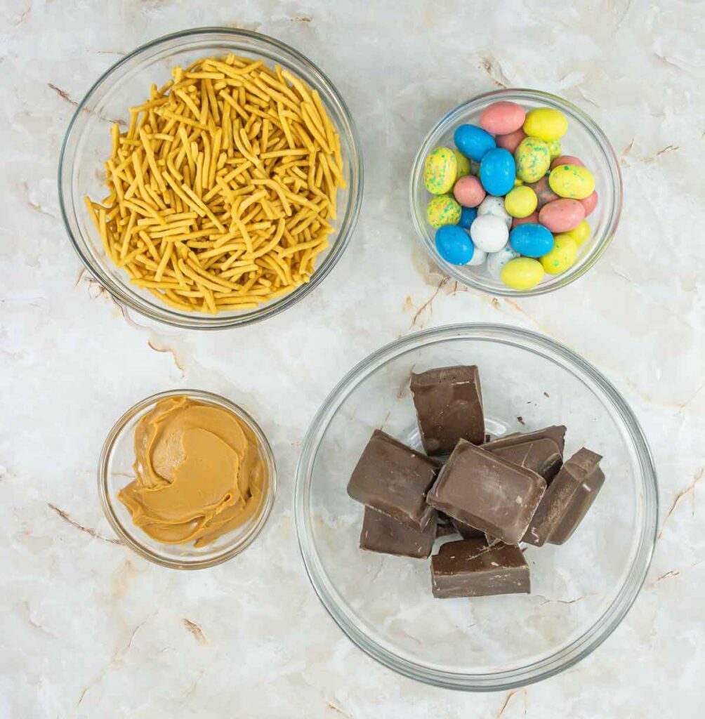 ingredients - bird's nest cookies for easter with chocolate, peanut butter, pretzel or chow mein noodles and egg candies. no bake Press Print Party!