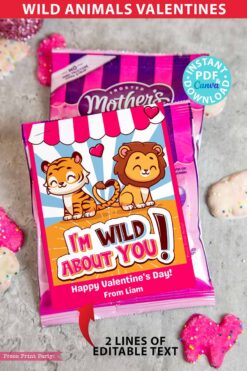 Kids Valentine Card Printable Food Valentine Gift Classroom Valentine Cute I'm Wild About You Class Valentine Exchange Cookie Circus Animals crackers snack bag non candy valentines - Press Print Party!