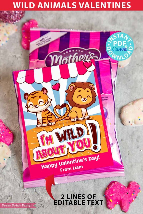 Kids Valentine Card Printable Food Valentine Gift Classroom Valentine Cute I'm Wild About You Class Valentine Exchange Cookie Circus Animals crackers snack bag non candy valentines - Press Print Party!