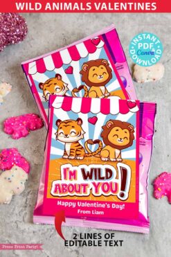 Kids Valentine Card Printable Food Valentine Gift Classroom Valentine Cute I'm Wild About You Class Valentine Exchange Cookie Circus Animals crackers snack bag non candy valentines - Press Print Party!